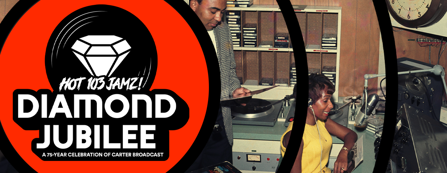 An archival image of KPRS DJs in the studio. Hot 103 Jamz Diamond Jubilee A 75-Year Celebration of Carter Broadcast