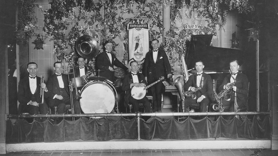 Black and white photo of a band