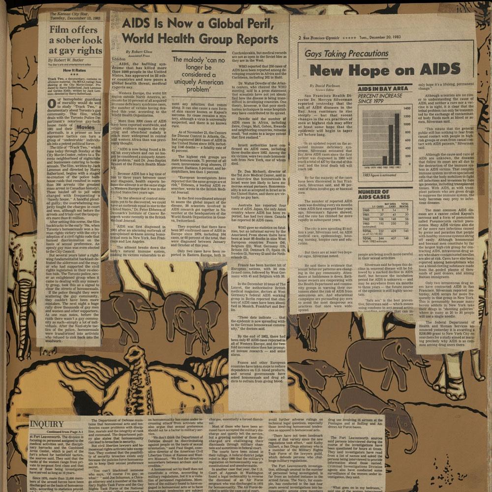 Article clippings on patterned background