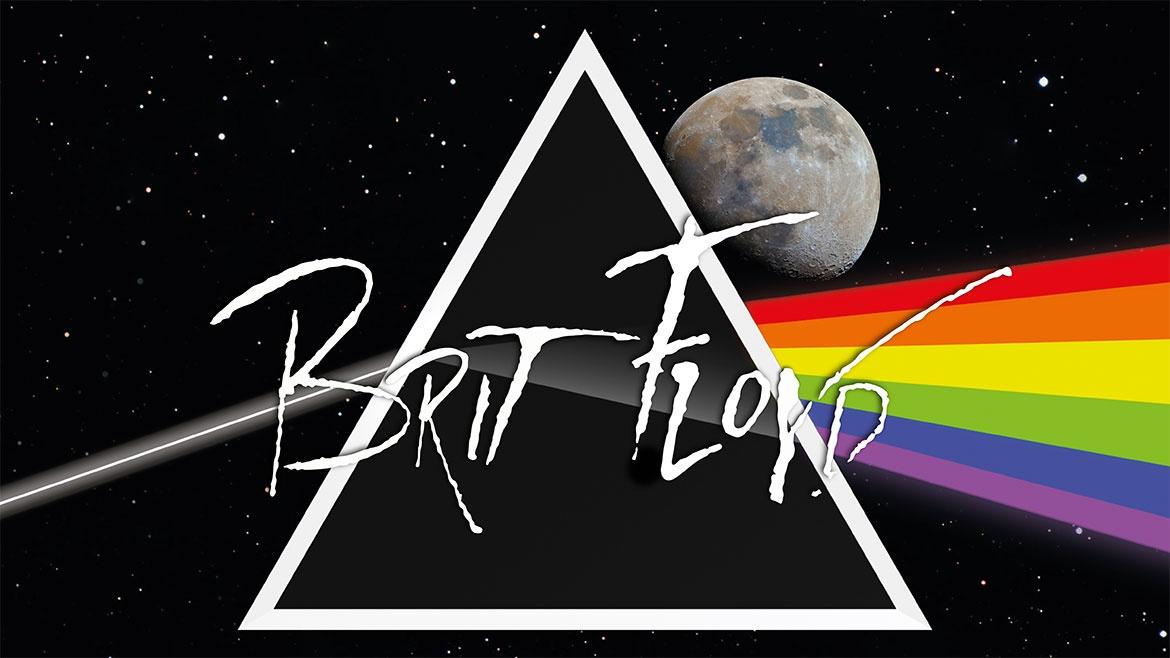 Picture of space with moon and stars in background and triangle and rainbow with "Brit Floyd" written on top