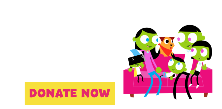 Kansas City PBS Family Membership is as easy as 1-2-3! Donate Now, Family and dog characters on sofa