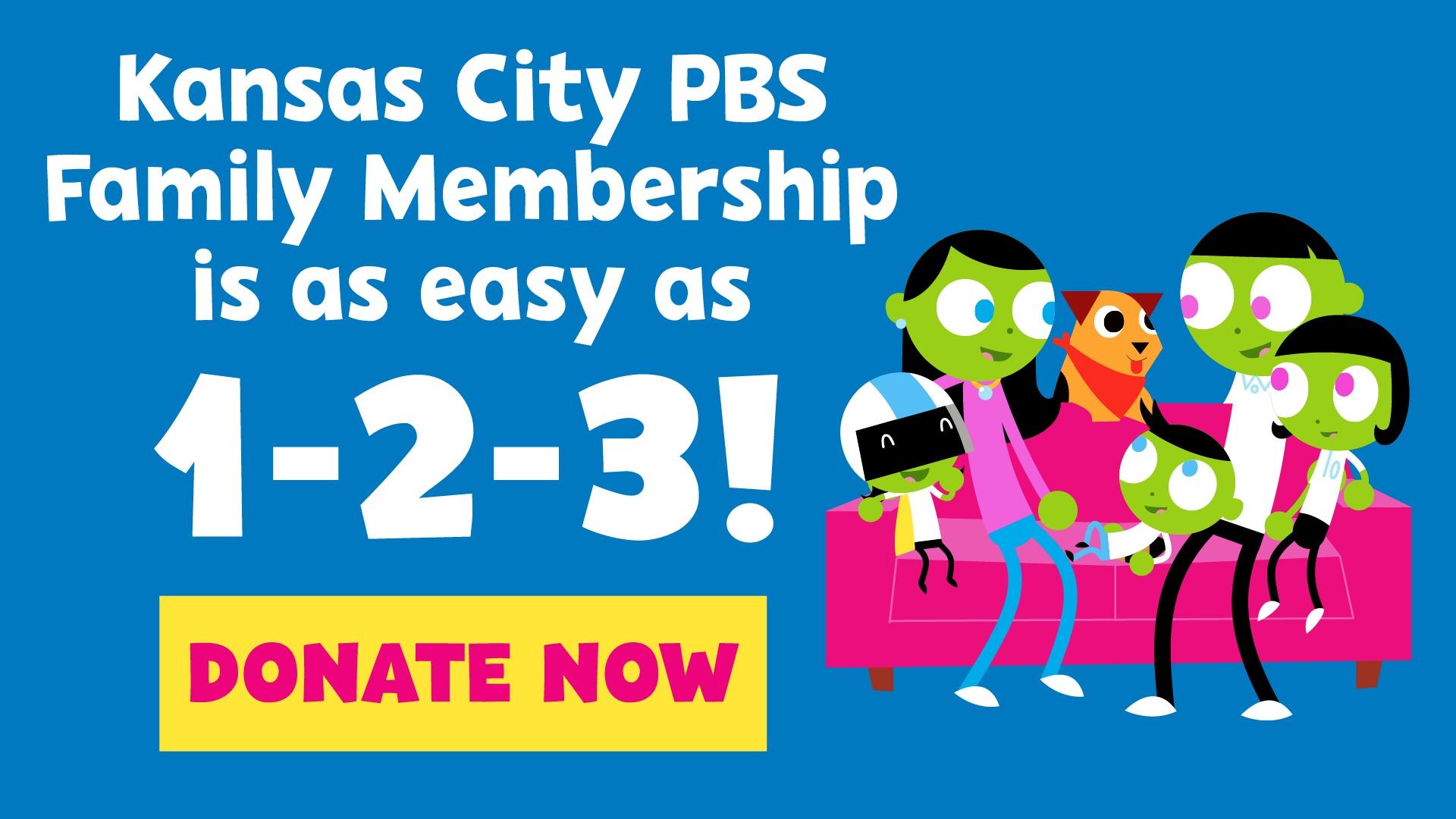 Kansas City PBS Family Membership is as easy as 1-2-3! Donate Now, PBS Kids family and dog on sofa