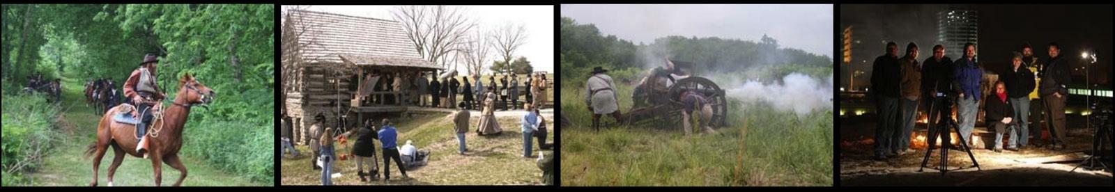 Four photos from the production: a rider on horseback, a group of people around a log cabin, a battlefield with cannon firing and the film crew at night.