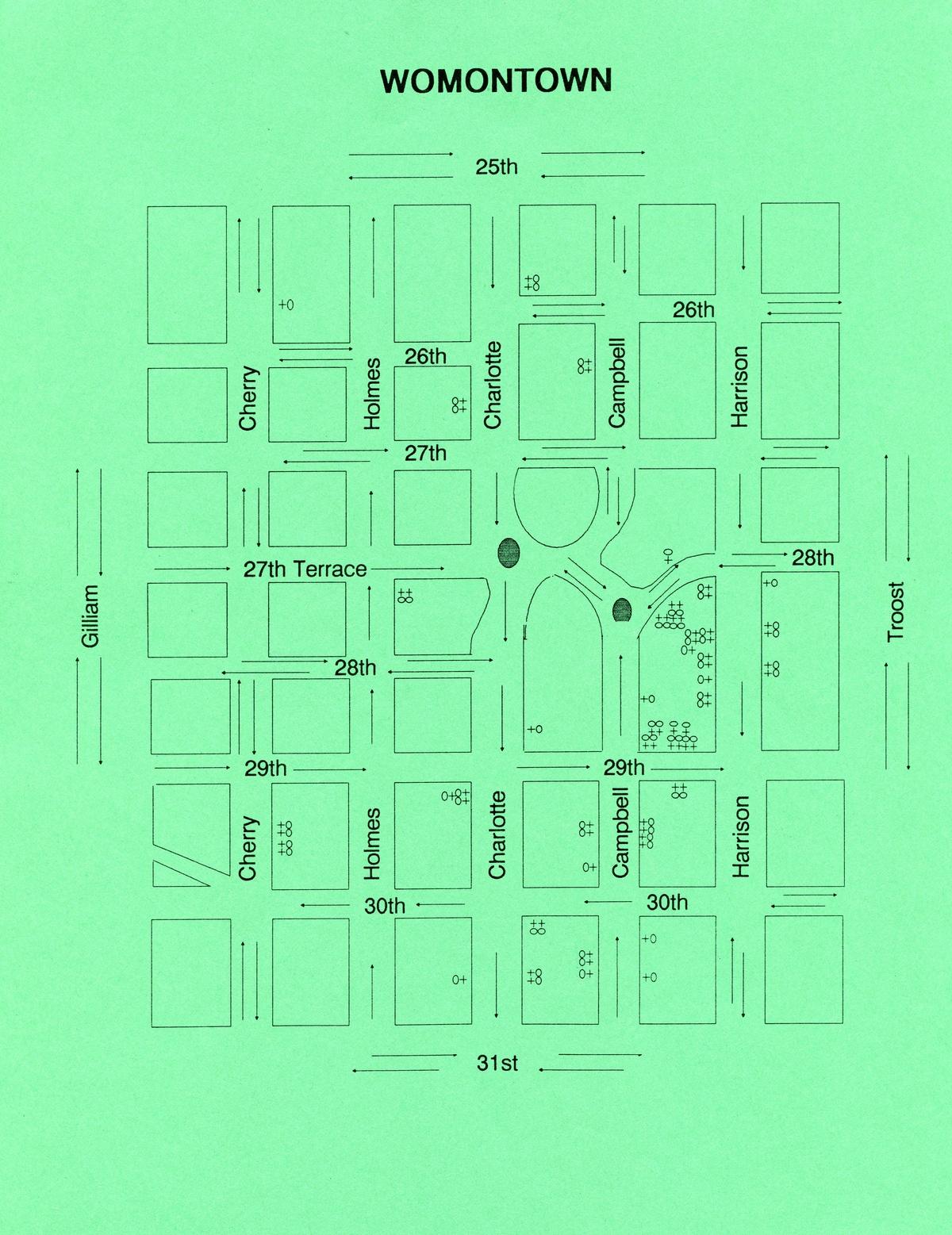 WOMONTOWN - map showing 25th street north, 31st street south, Gillham to the west and Troost to the east. Cherry, Holmes, Charlotte, Campbell and Harrison Streets are north south within the boundaries.