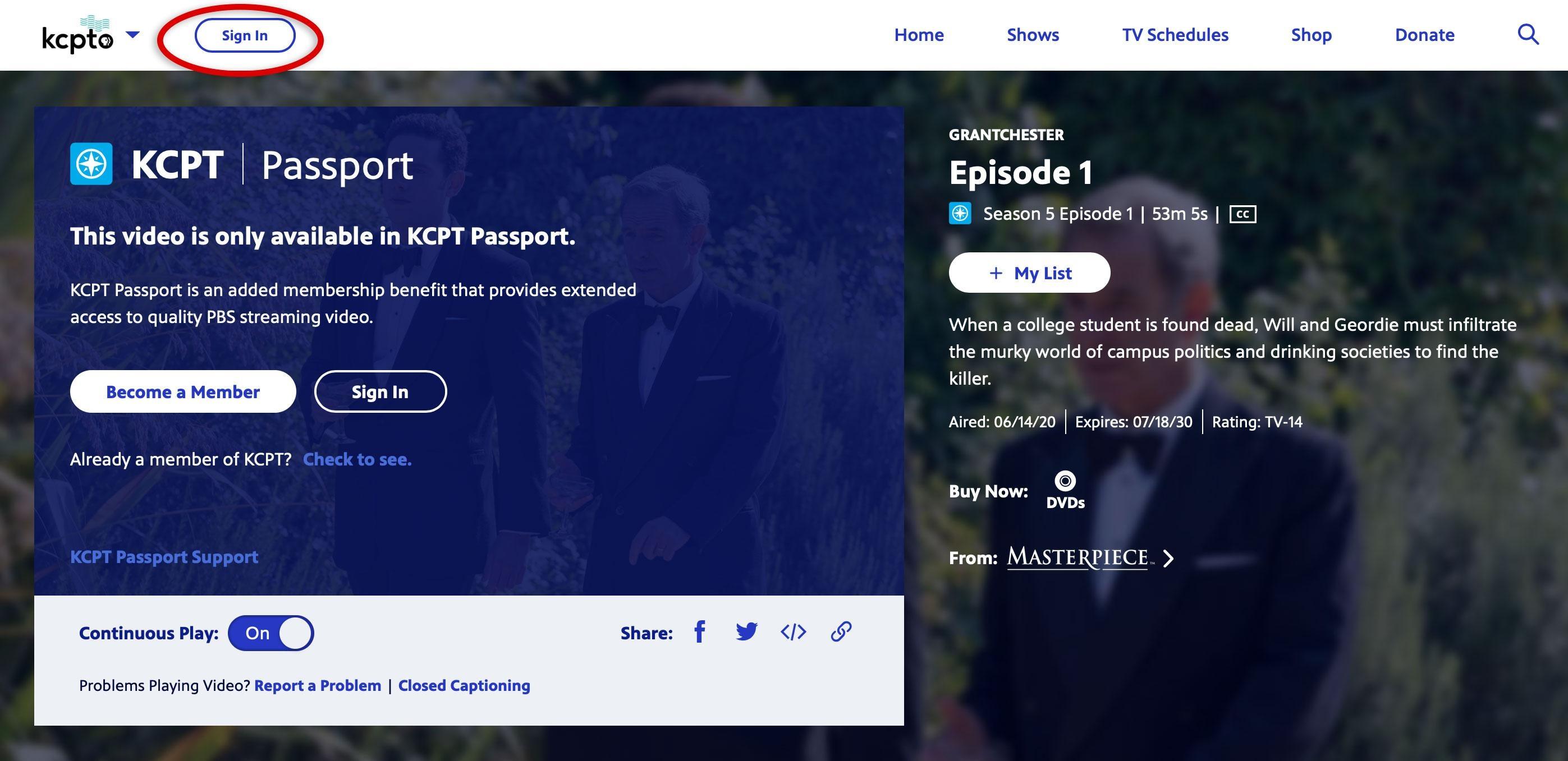 Screenshot of KCPT Passport Program with "Sign In" at top left circled in red.