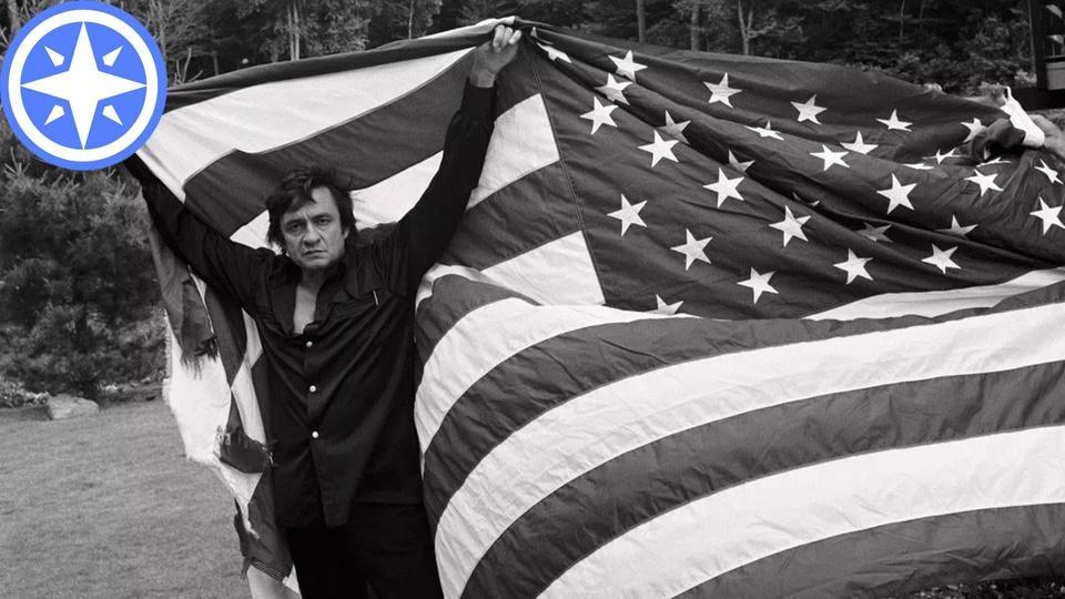 Johnny Cash with American Flag, compass rose icon overlay