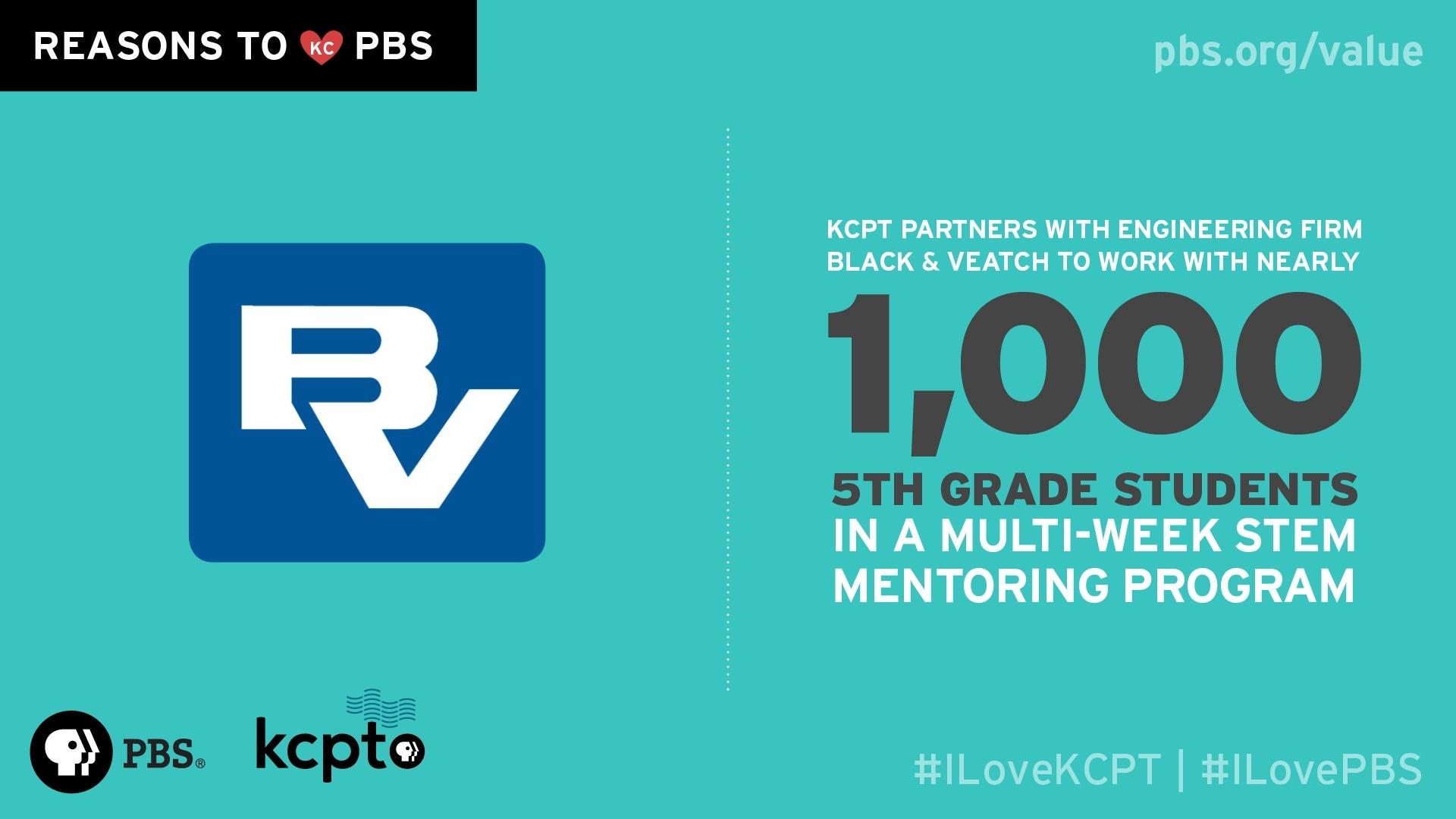 KCPT partners with engineering firm Black & Veatch to work with nearly 1,000 5th grade students in a multi-week STEM mentoring program.