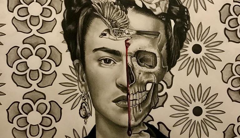 Painting by Juan Moya of Frida Kahlo with skull half of face