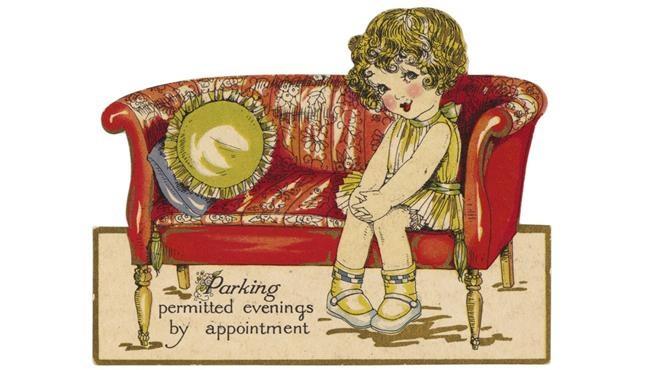 Vintage valentine card of a young girl on a red sofa saying "parking permitted evenings by appointment"