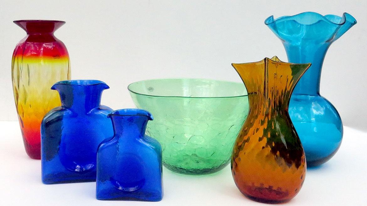 Photos of glass in a variety of colors and shapes