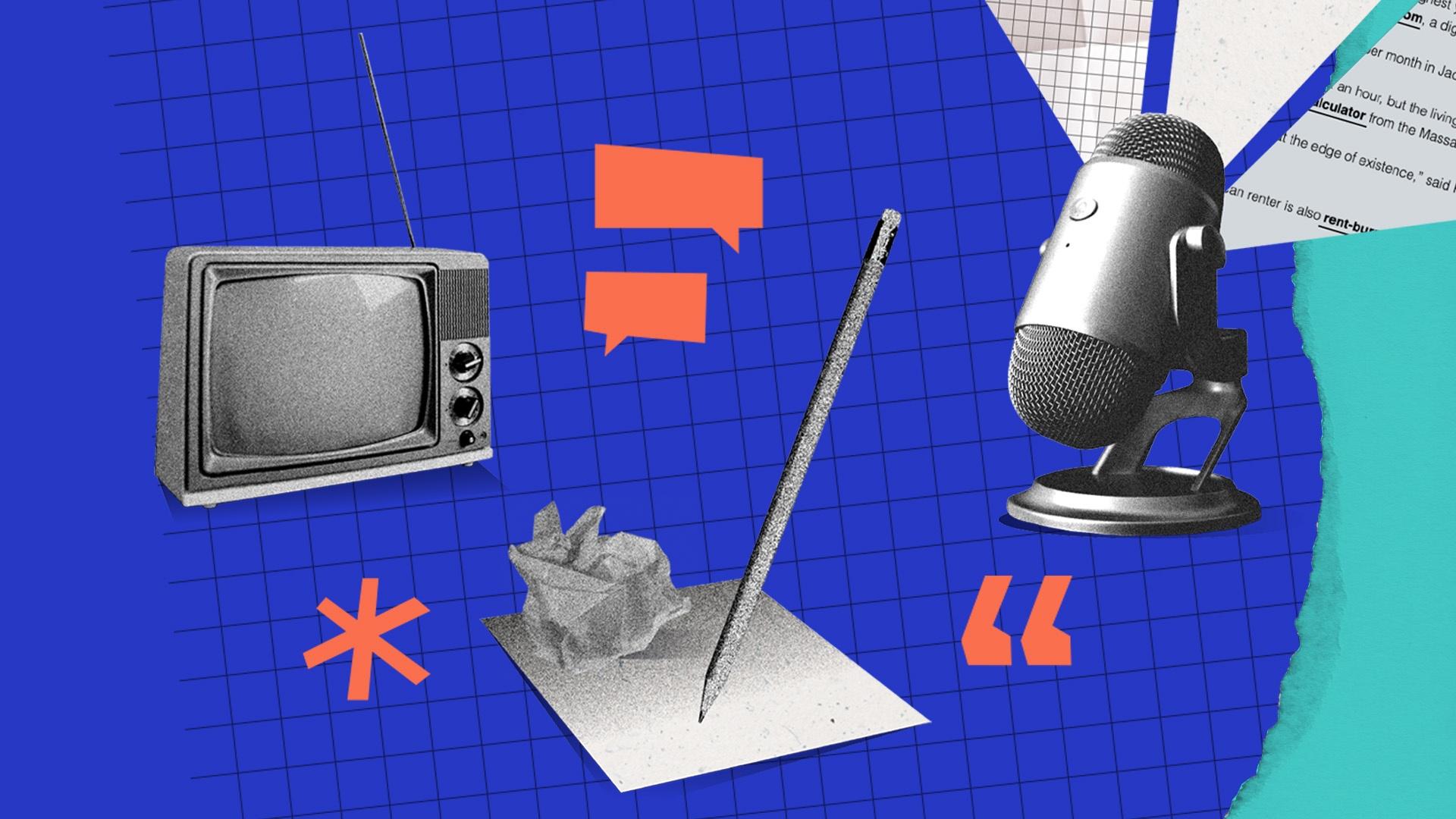 collage of older model TV set, paper and pencil, microphone