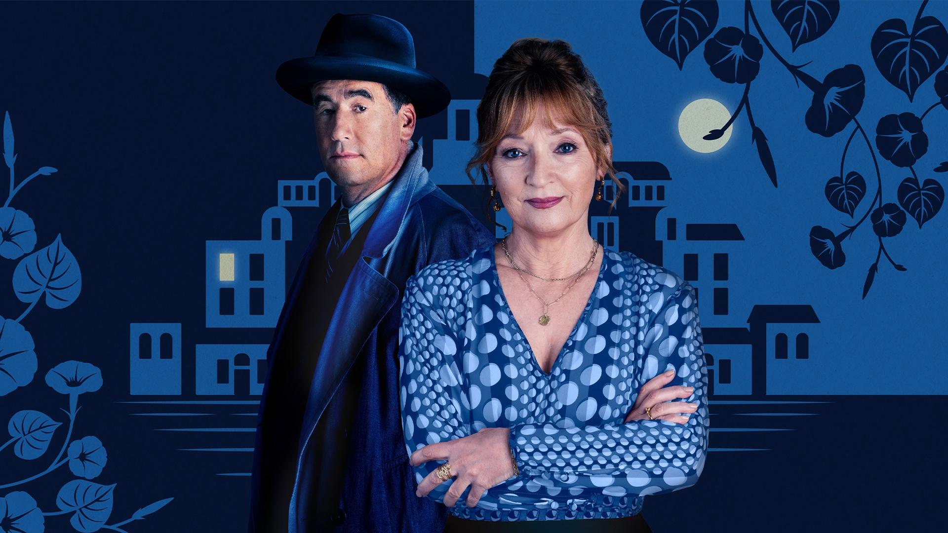 Characters Atticus Pünd and Susan Ryeland in blues with dark blues stylized background