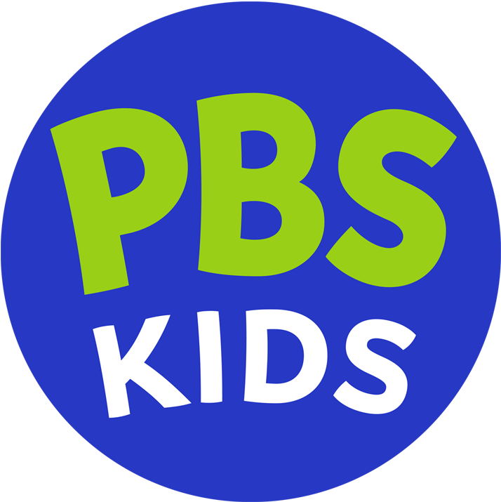 Blue circle with green text PBS and white text KIDS