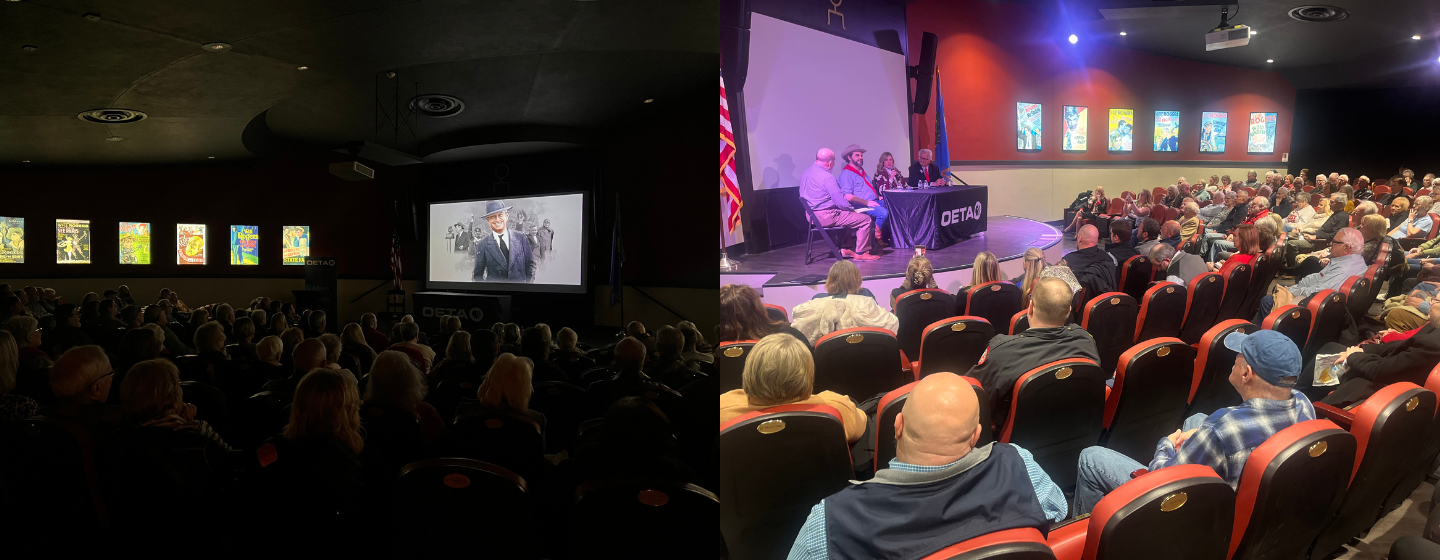 A collage of images. The first image is of an audience in a theater watching the Back in Time 