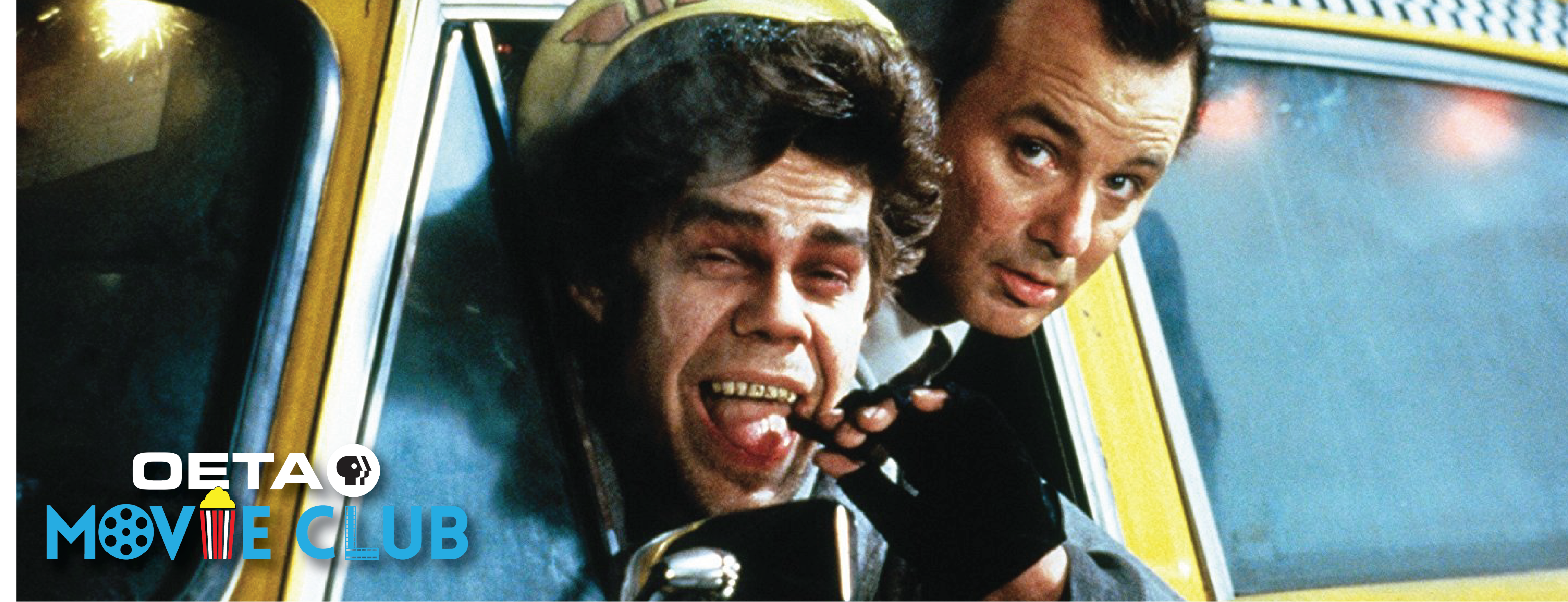 Bill Murray and David Johansen leaning out of a yellow taxi window in a scene from Scrooged, with “OETA Movie Club” text overlay.