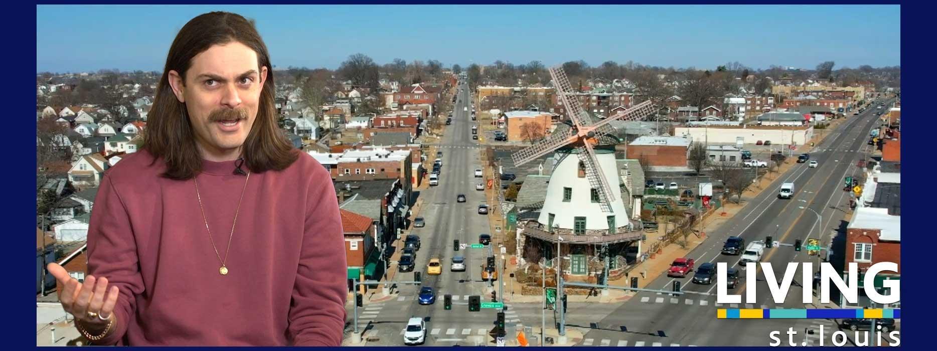 David Lemon in a red sweatshirt and speaking with his hands, over an aerial shot of the Dutchtown neighborhood in St. Louis.