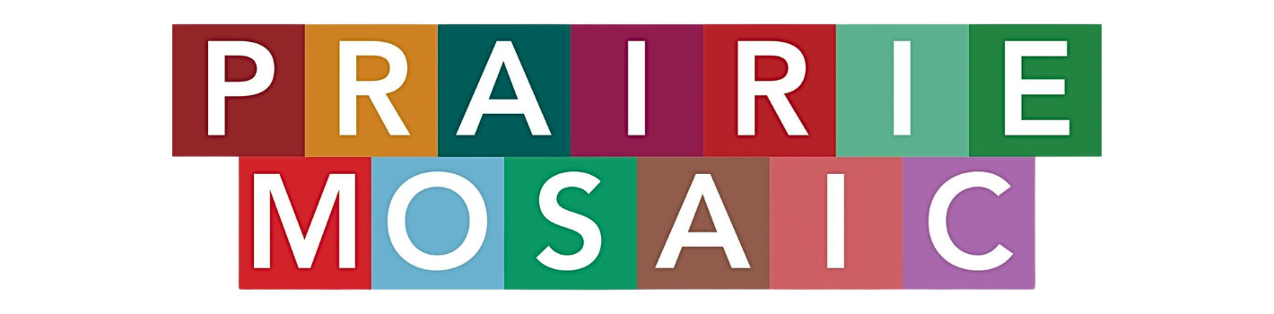 Prairie Mosaic logo with bold white letters, each set against a different colorful square in shades of red, orange, teal, mauve, blue, green, brown, and purple.