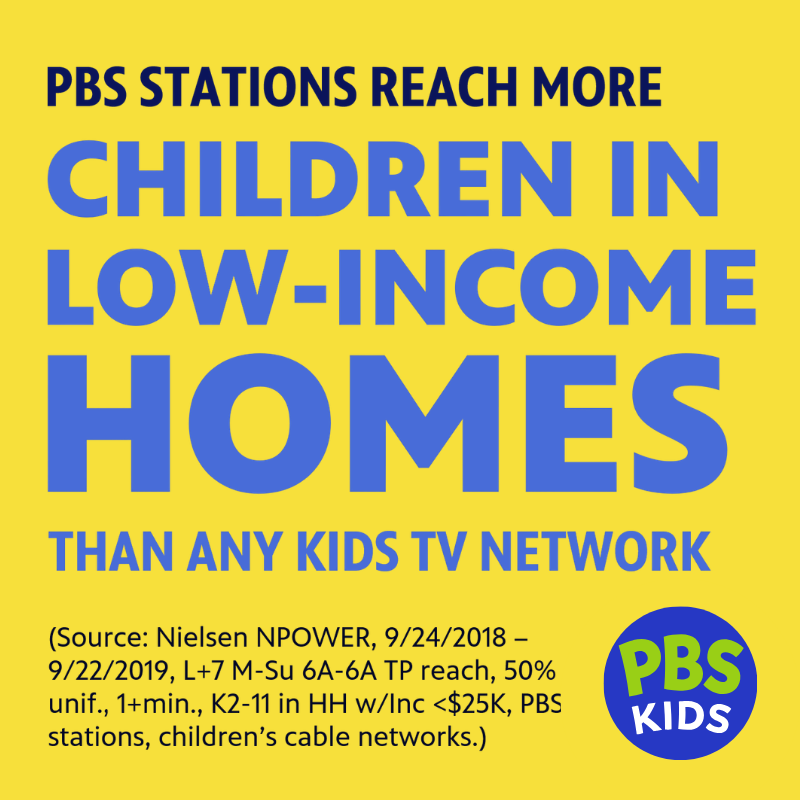 Graphic that says PBS stations reach more children in low-income homes than any kids TV network
