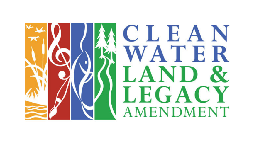 Logo for the Clean Water, Land & Legacy Amendment, featuring four vertical colored panels in gold, red, blue, and green with white illustrations representing wetlands, arts, water, and forests. The text appears to the right in blue and green.