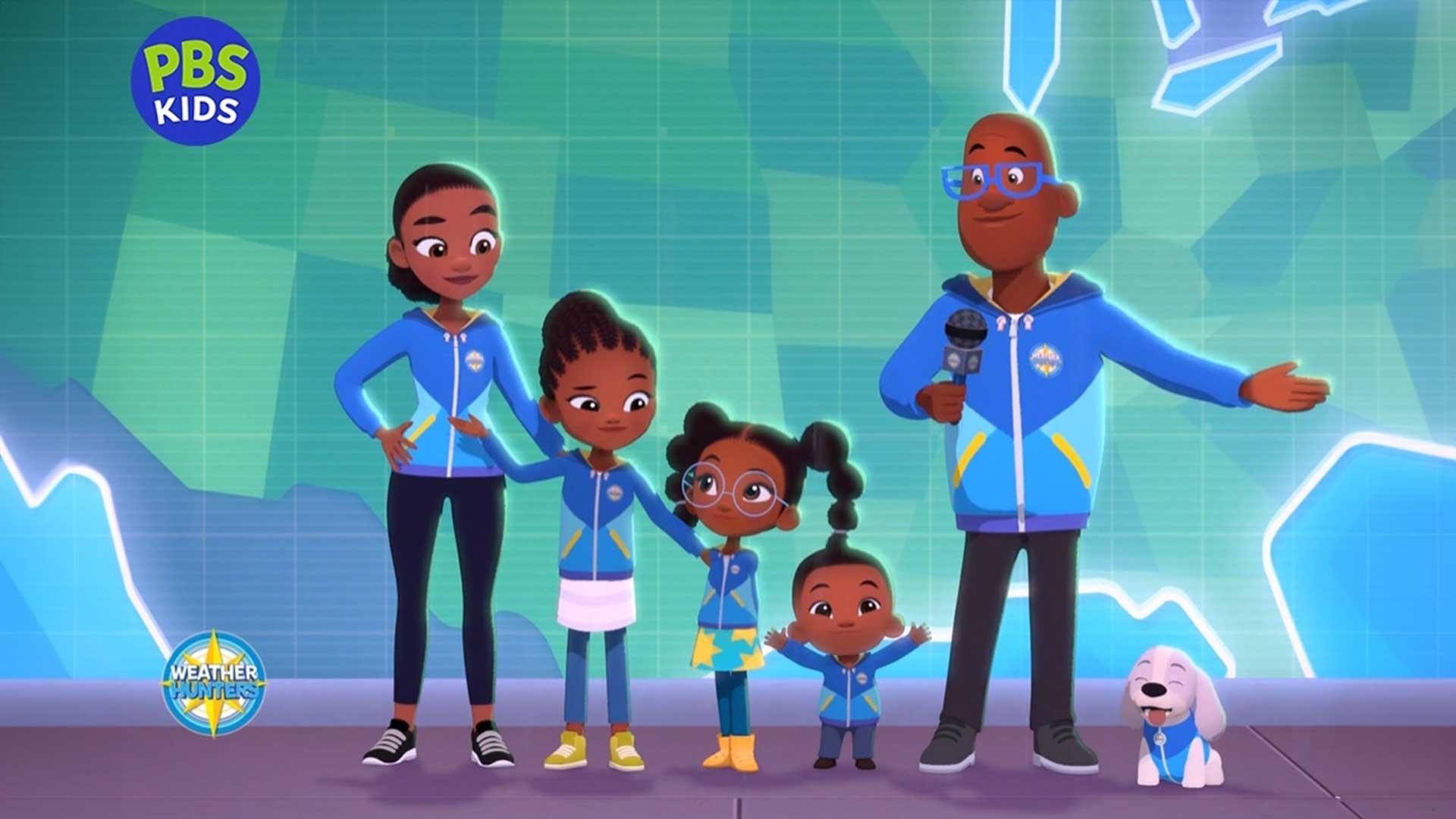 An image of Weather Hunters, a new show from PBS KIDS. A Black family of five dressed in blue raincoats stands in front of a map of the U.S. 