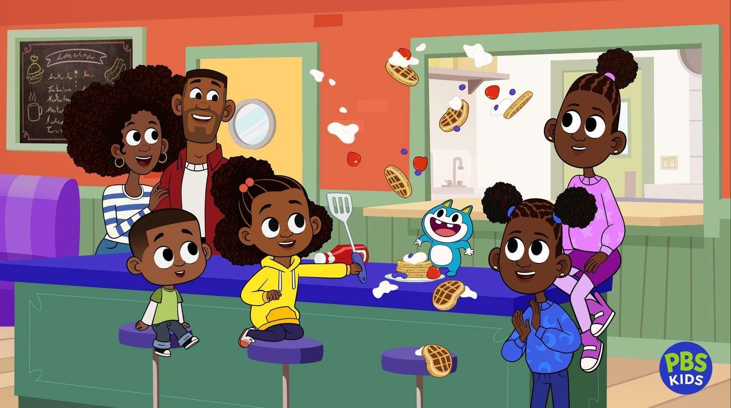 Characters from the show Lyla in the Loop laugh as waffles, cream, and strawberries are flipped up into the air by Stu, the mischievous blue, cat-like creature. 