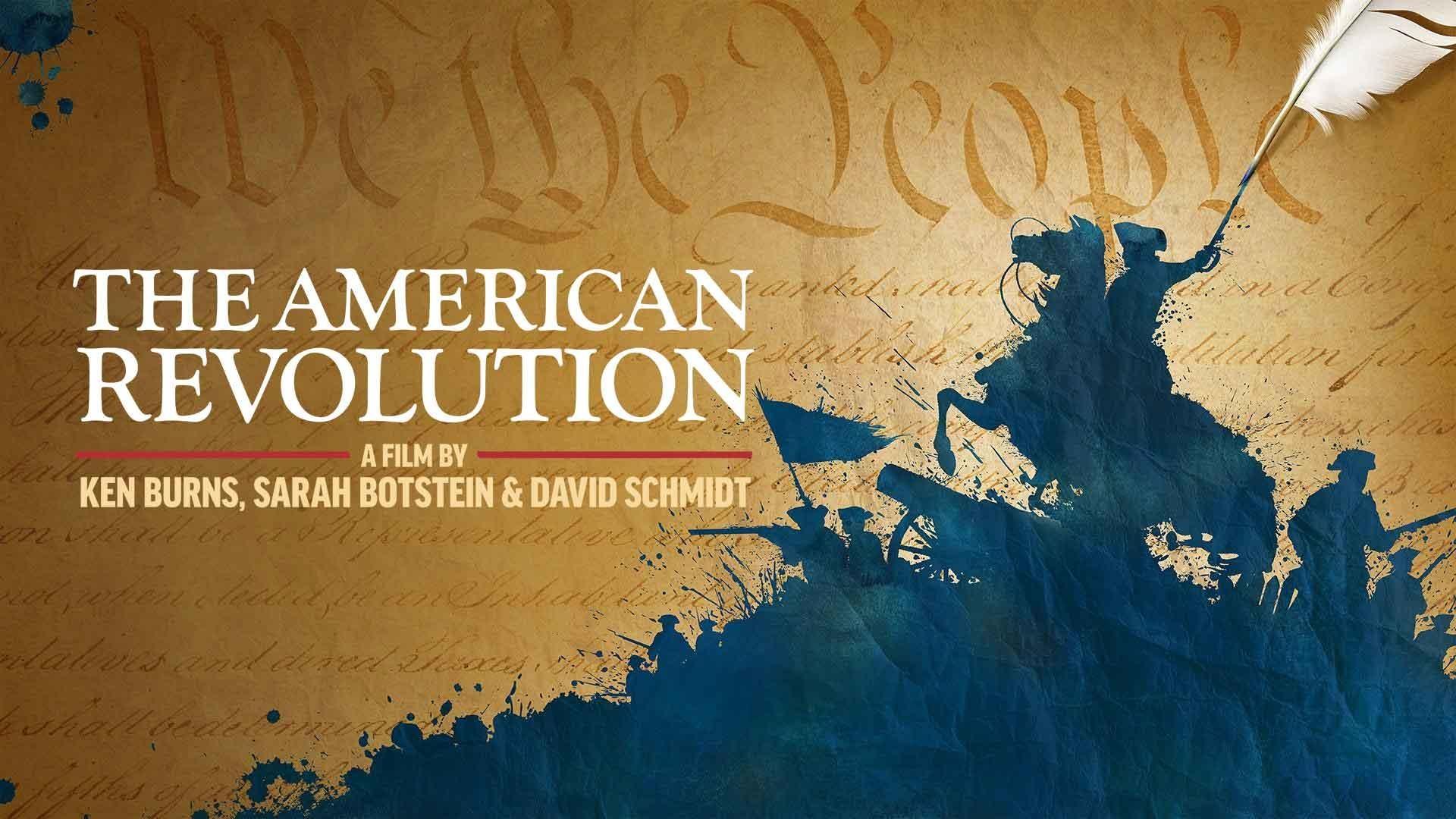 A yellow background with text from the U.S. Constitution. In front, a silhouette of a man with a sword on horseback. On the left, the title of the documentary: The American Revolution"