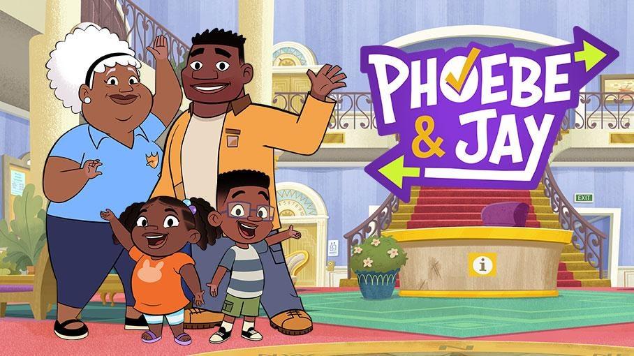 Promotional image for Phoebe & Jay - a family stands to the left of the text