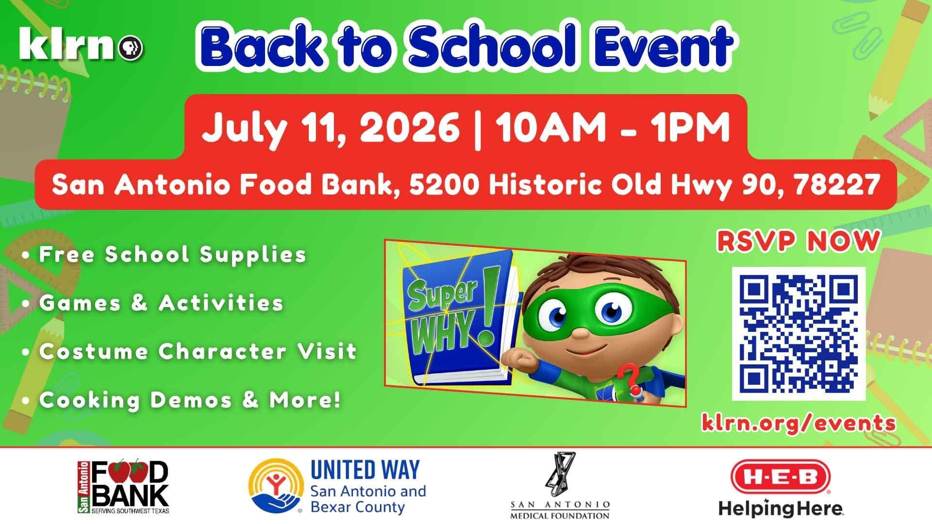 Promotional image for KLRN's Back to School bash - green featuring the event information in blue and white lettering. Below is a photo of a PBS KIDS character, Super Why.