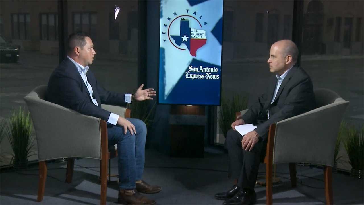 U.S. Representative Tony Gonzales (seated on left) discusses policy and more with Texas Talk host Gilbert Garcia (seated right)