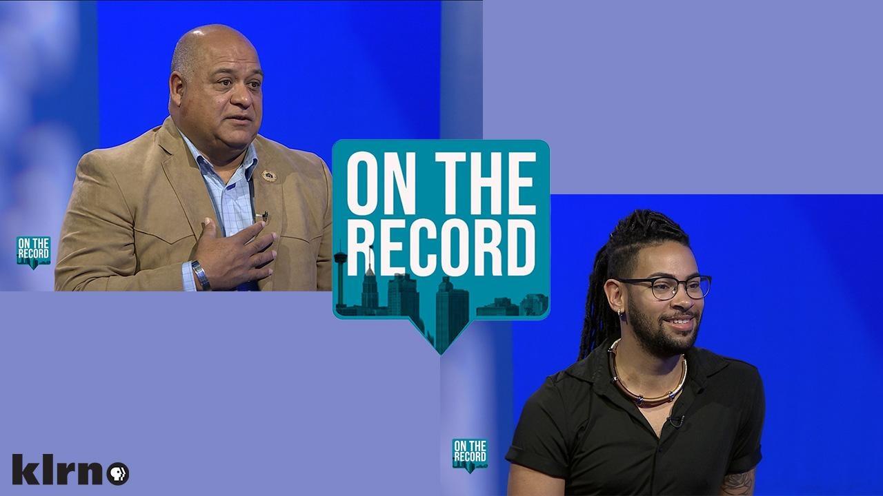 Split screen image of two guests - one dressed in a brown sport coat holding a hand to his chest, the other in a black shirt smiling. Between the two images sits the "On The Record" logo - a blue word bubble with the words "On The Record" placed over the San Antonio skyline. 