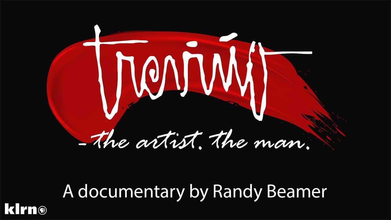 A black background with a red paint smear in the middle. A signature of "treviño" is written across it. Beneath, the words "the artist. the man." Below that, the text "A documentary by Randy Beamer"
