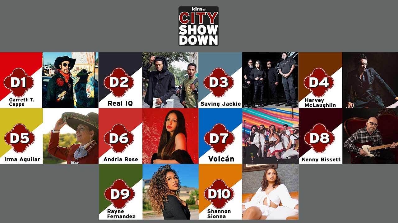 KLRN City Showdown logo with ten different squares underneath - one for each contestant. Squares feature a photo of each contestants, their name, district number, and a colorful background