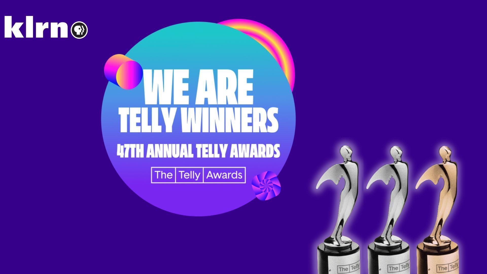 Purple background with three statuettes on the bottom right. In the middle, a large circular badge reads "We Are Telly Winners"