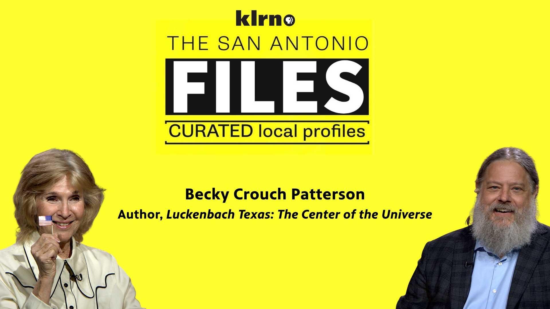 Yellow background with two people facing each other on either end of it. "The San Antonio Files" logo in the middle with guest information