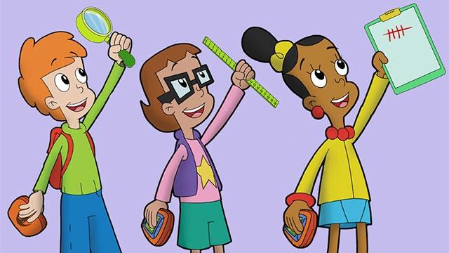 Cyberchase characters hold up various learning tools - magnifying glass, ruler, and clipboard