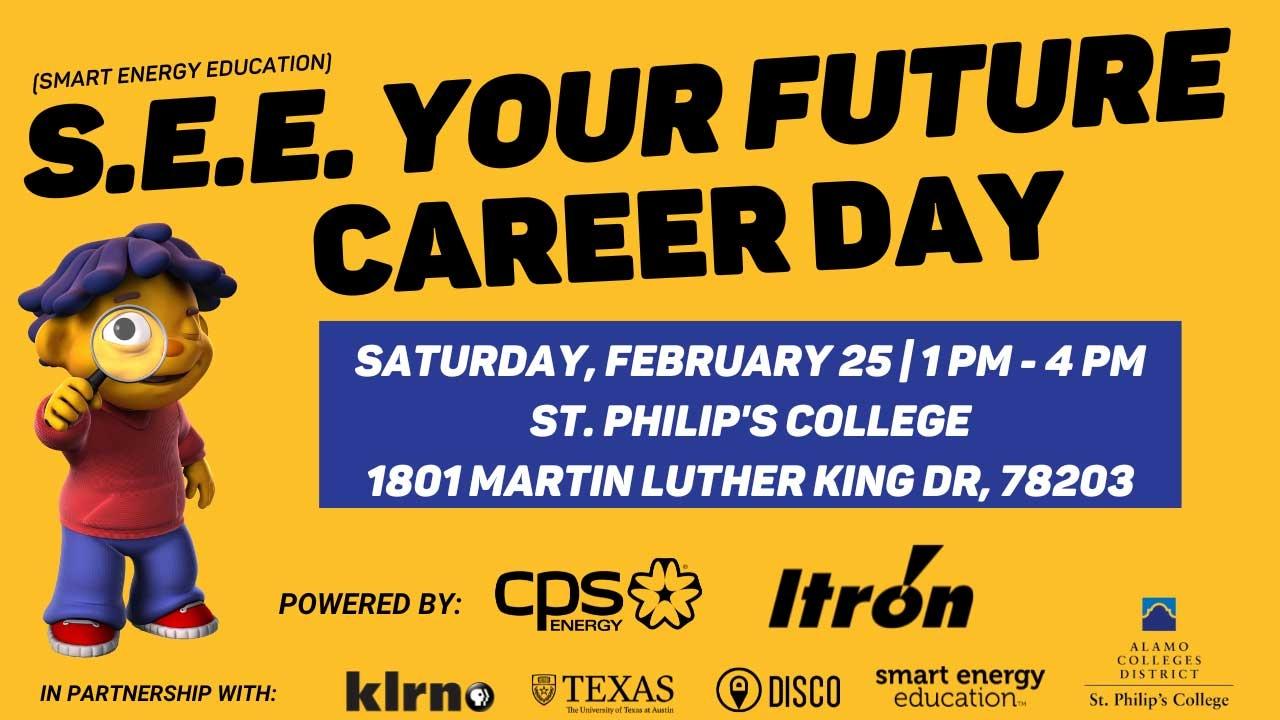 Yellow background with information written in black for event. "SEE YOUR FUTURE CAREER DAY" On the left, a yellow character with blue hair holds a magnifying glass. 