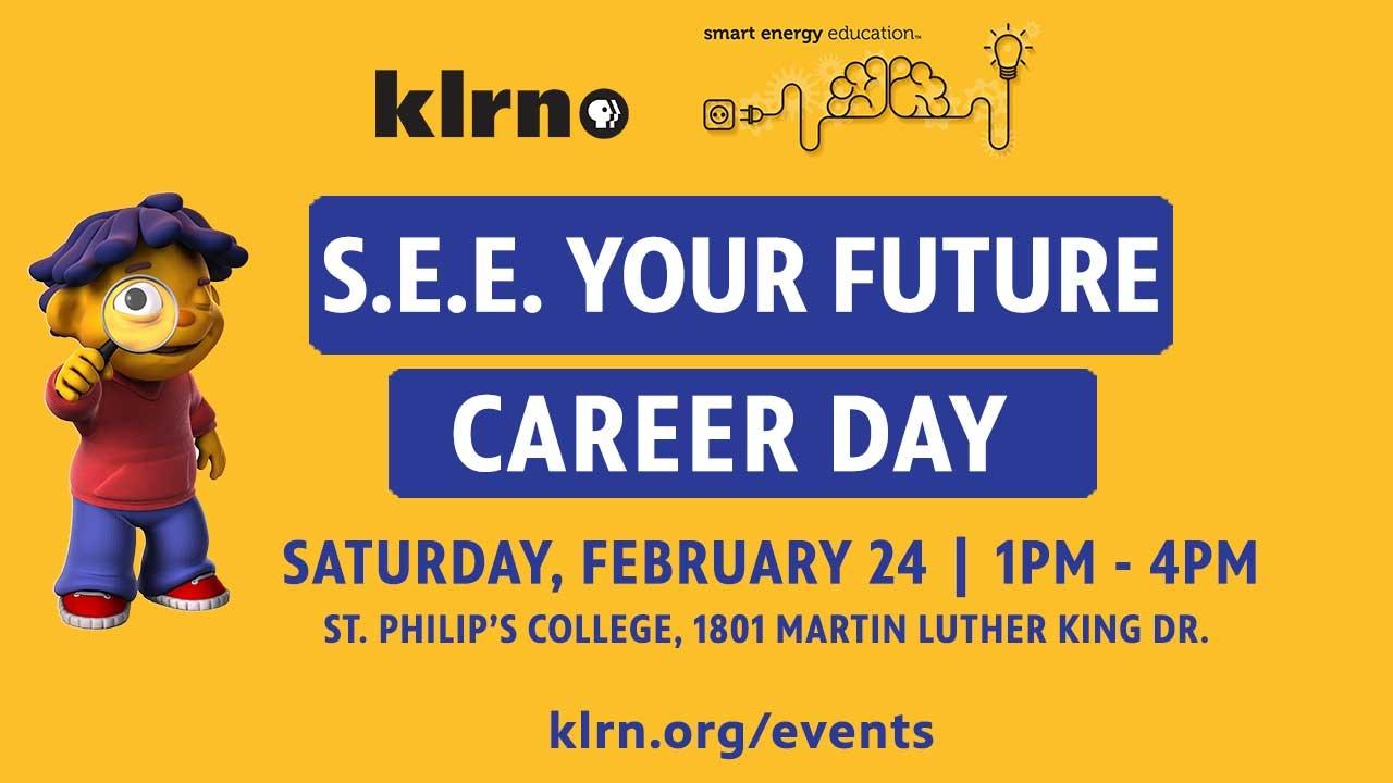 Yellow background with information written in blue for event. "SEE YOUR FUTURE CAREER DAY" On the left, a yellow character with blue hair holds a magnifying glass. 