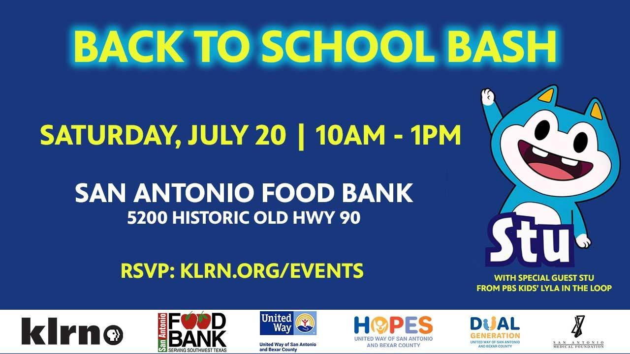 KLRN BACK TO SCHOOL BASH - letters on a blue background with date, location, and website to register. To the right, a blue cat-like character named "STU" waves and smiles