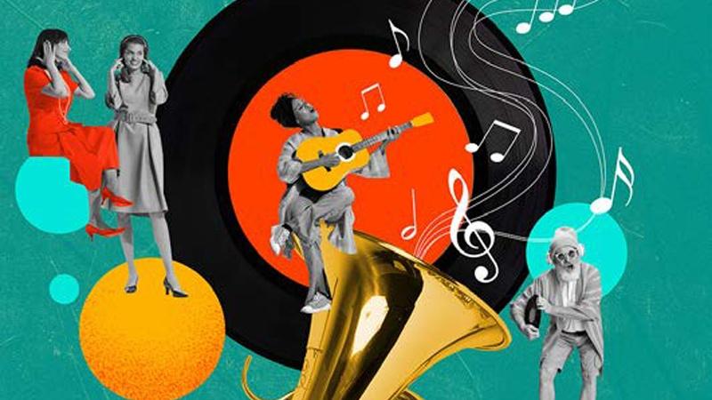 A collage illustration of black and white photos of people playing and listening to music against a graphic backdrop of oversized instruments, musical notation, and brightly colored geometric figures