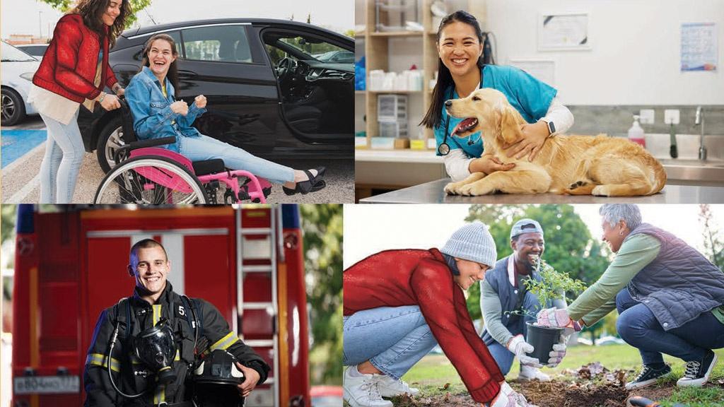 A tiled collage of images exemplifying community: a person helping another in a wheelchair, a vet with a dog, a fire fighter, three people planting a garden