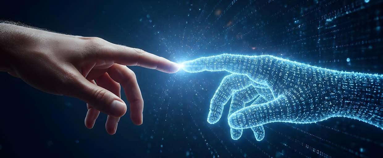 A human hand extends its finger to touch the finger of a computer-generated hand