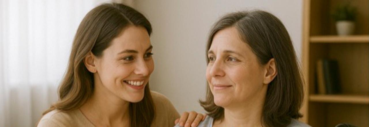 A younger woman smiles as she places a hand on the shoulder of an older woman