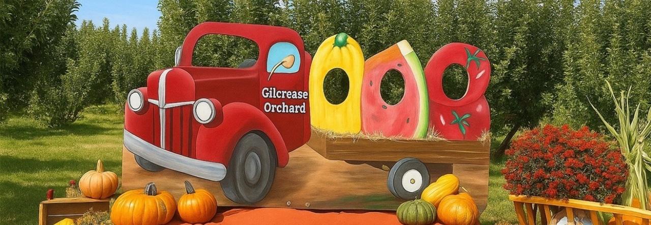 Gilcrease Orchard truck photo opportunity with face cutouts