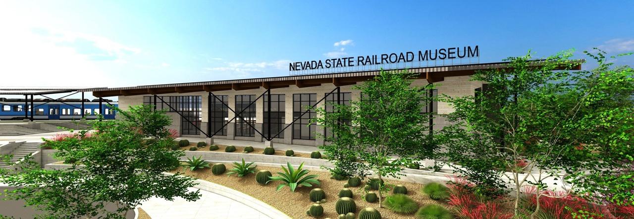 Nevada State Railroad Museum rendering of new master plan with succulent garden in the foreground and a train running on tracks in the background