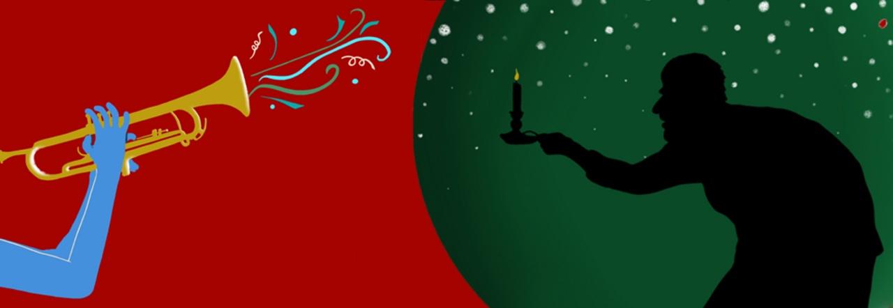 An illustration of a pair of arms playing a gold trumpet against a red background next to a black silhouette of a man crouching as he extends a candle on a tray against a green background