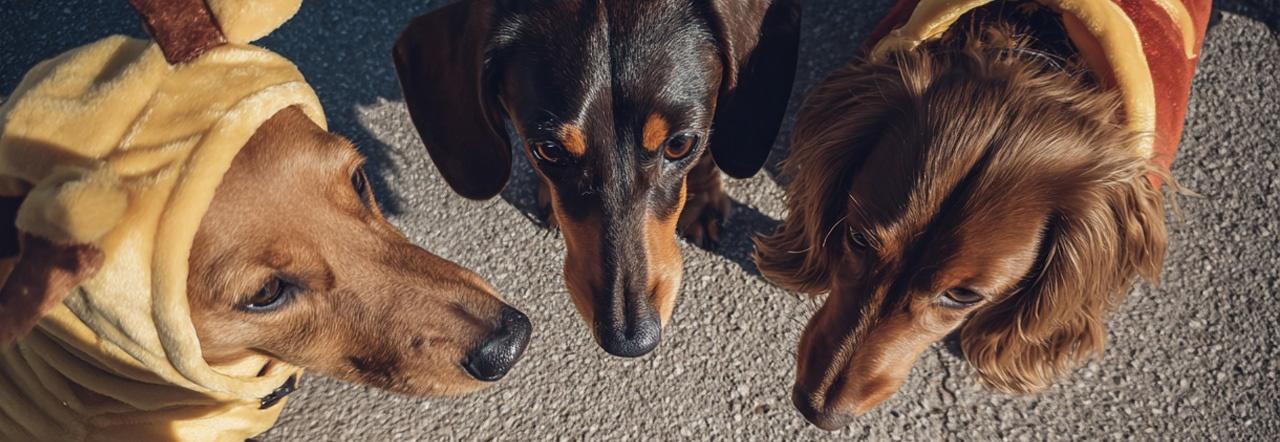 An overhead view of three Dachshund dogs standing on the pavement nose-to-nose