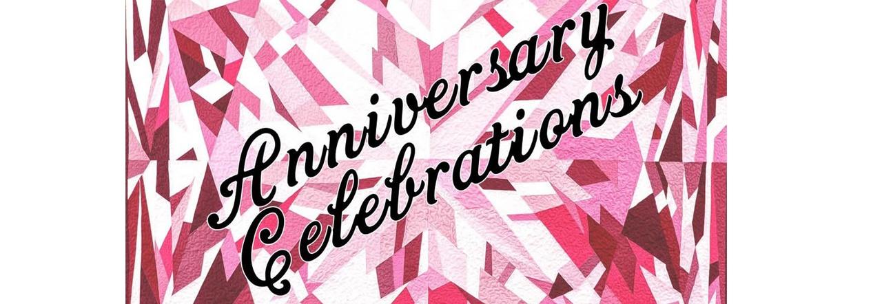 Anniversary Celebrations in black script typeface against a pink and red patchwork quilt design