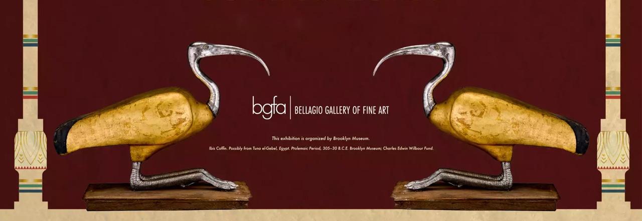 Agfa Bellagio Gallery of Fine Art - gilded sculptures of an Ibis bird in front of a burgundy background and illustrations of Egyptian pillars