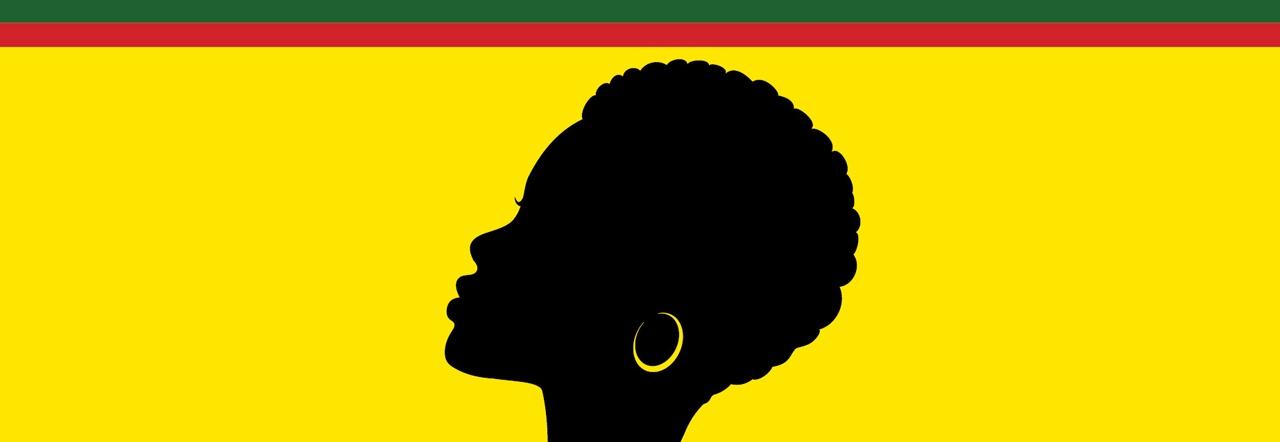 A black, side profile silhouette of a woman with short, curly hair and a gold earring against a bright yellow background with red and green stripes across the top