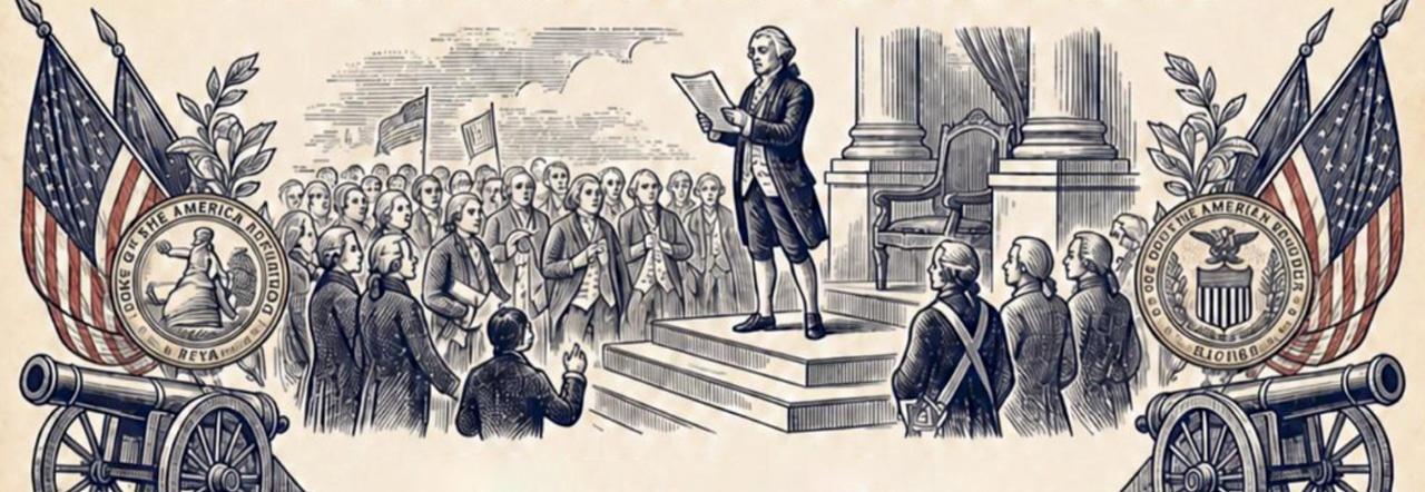 Illustration of George Washington reading the Declaration of Independence to a crowd of Colonial Era men